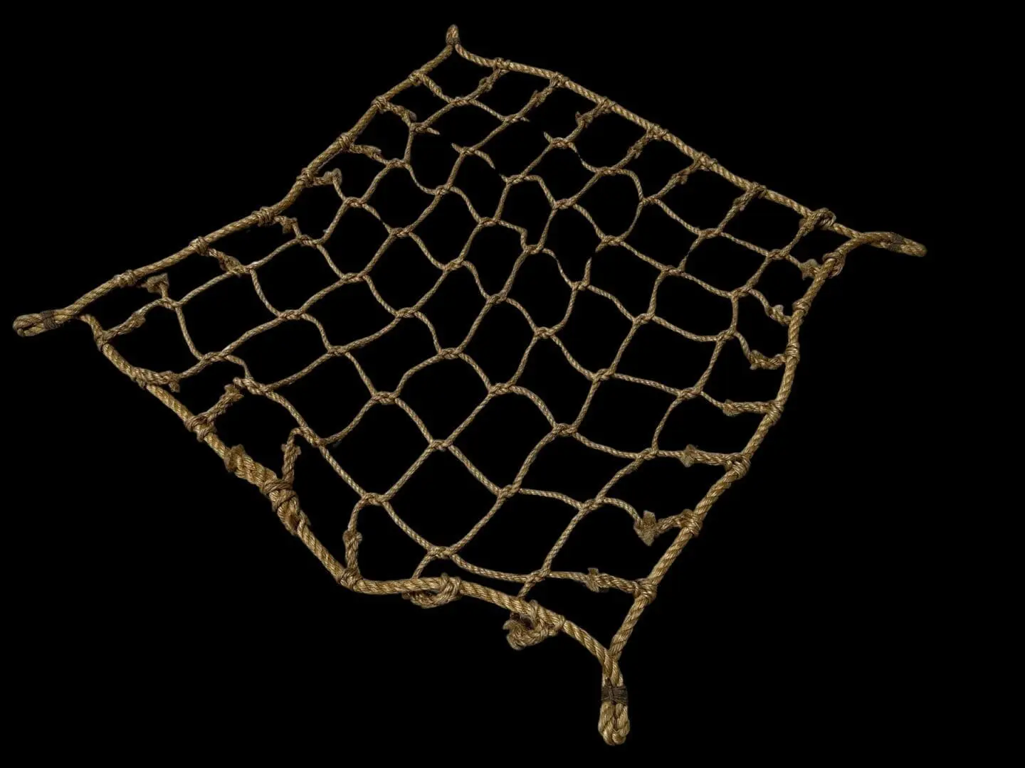 A square rope net with two ropes hanging from it.