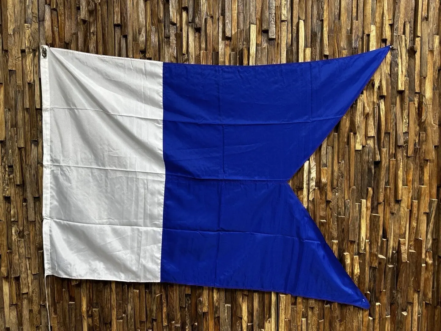 A blue and white flag hanging on the wall.
