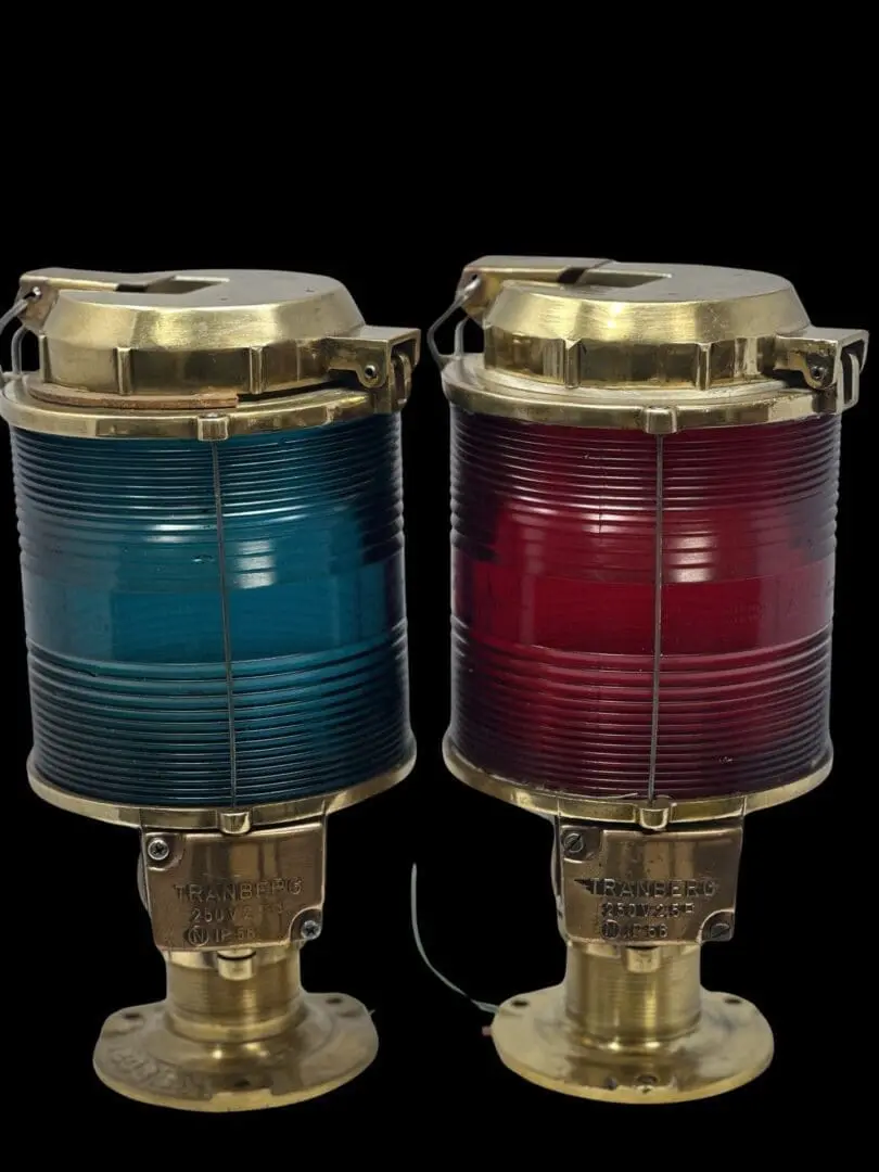 Two red and blue lamps are on a black background.