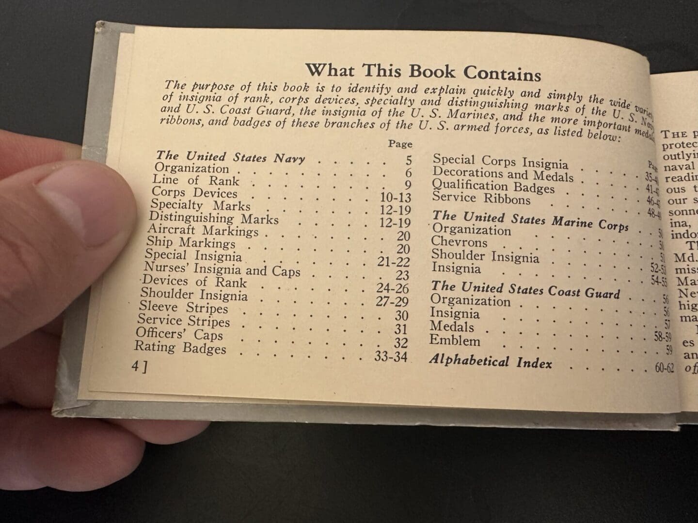 Table of contents from a military insignia and badges book for U.S. Navy, Marine Corps, and Coast Guard.