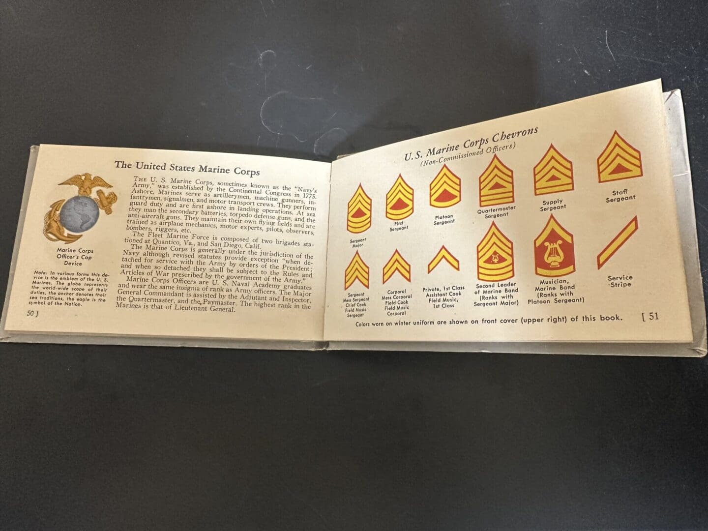 Open book showing U.S. Marine Corps history and non-commissioned officer chevrons.