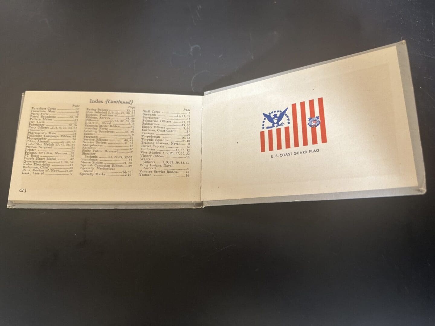 Open booklet showing U.S. Coast Guard flag and index page.