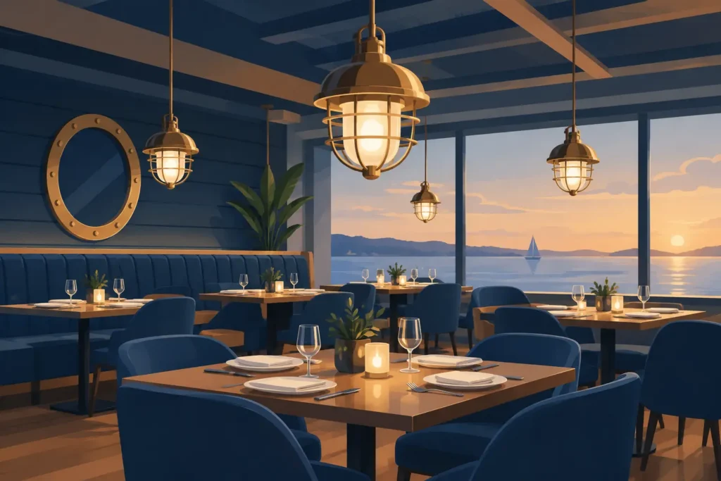 A Restaurant Designed With Ship Lighting